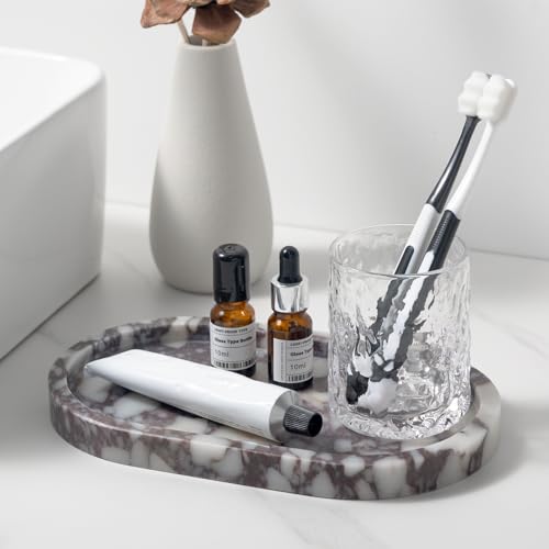 Natural Calacatta Viola Marble Tray 10"x6" - Non-Resin Bathroom Vanity Organizer & Kitchen Decor | Waterproof Oval Stone Serving Dish (Purple Portoro) - style: Calacatta Viola - 1 Pack