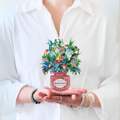 Freshcut Paper Pop Up Cards, Mini Hummingbird Oasis, 6 Inch Life Sized Forever Flower Bouquet 3D Popup Greeting Card, Birthday Cards, Thank You Card, Blank Notecard & Envelope - color: Hummingbird Oasis, size: Mini