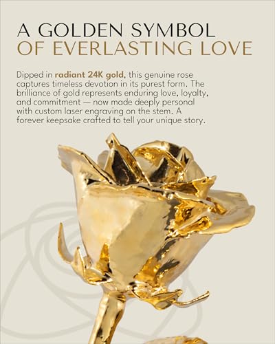 Forever Rose The 24K Gold Dipped Rose, Custom Laser Engraved Gold Flower in an Elegant Glass Vase & Gift Ready Box, Handcrafted Luxury Anniversary, Birthday, Wedding or Valentine’s Keepsake - color: Gold