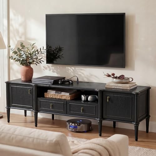 STO'SENSE 63" Pre-Assembled Tv Stand w/Power Outlet, Solid Wood Grain TV Consoles w/2 Cabinets & 2 Drawers, Mid Century Modern Entertainment Center for Living Room, Fits TVs up to 75", Black Oak - color: Black Oak