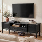 STO'SENSE 63" Pre-Assembled Tv Stand w/Power Outlet, Solid Wood Grain TV Consoles w/2 Cabinets & 2 Drawers, Mid Century Modern Entertainment Center for Living Room, Fits TVs up to 75", Black Oak - color: Black Oak