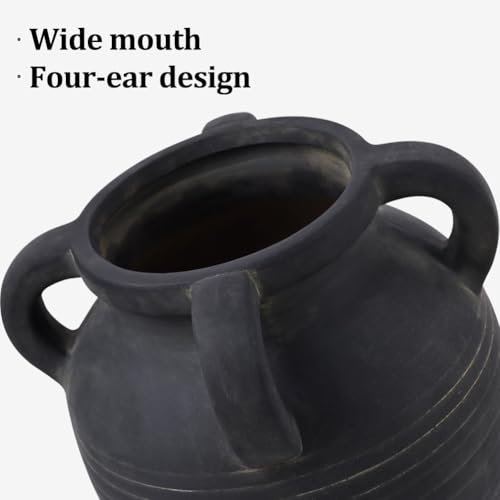 Handmade Large Black Vase - 10" Tall Terracotta Vases with 4 Ear Design, Wide Mouth Vintage Vases, Rustic Antique Decor Matte Black Ceramic Vase for Home Decor, Living Room, Table, Fireplace Decor - color: Black, size: Large
