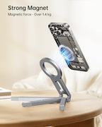 iWALK Magnetic Foldable Metal Phone Stand for iPhone, Strong Magnet Mini Cell Phone Tripod Stand for Vlog, Gym, Travel Essentials Compatible with iPhone 17, 16, 15, 14, 13, 12 Series, Silver