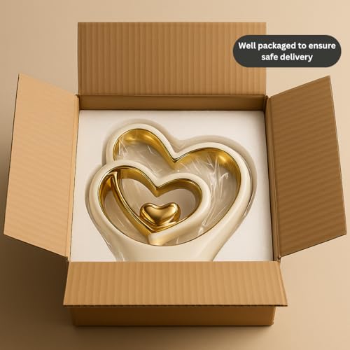 Gold Heart Ornament – Elegant Ceramic Couple Sculpture – White & Gold Tabletop Decor – Romantic Centerpiece for Living Room, Bedroom or Office – Anniversary or Valentine’s Gift