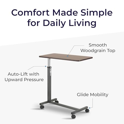 Drive Medical Overbed Table with Wheels - Secure Height Adjustment for Comfort - Non Tilt Surface - Smooth Rolling Design - Home & Hospital Use - Woodgrain Laminate Top - Silver Vein - color: Silver Vein