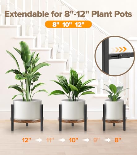 Plant Stand Indoor Adjustable with Walnut Wood Tray, Metal Modern Indoor Plant Stand, Heavy Duty Plant Stands Outdoor Corner, Stable Plant Holder, Fits 8 to 12 Inches Pots, Black, 1 Pack - color: Walnut Wood Tray, size: 1 Pack