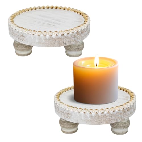 Small Wood Risers for Decor, Round Wooden Display Risers Candle Plates and Trays, Farmhouse Candle Trays Home Decor, Pedestal Stand for Mini Cake, Mug Display Decorative, Table Centerpiece, White - color: White, size: Set of 2
