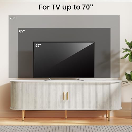 DHH 63 Inch Mid Century Modern TV Stand with Power Outlet for TVs up to 70 Inch, Entertainment Center with Storage and Adjustable Shelves, Media Console with Sliding Doors for Living Room(White) - color: White, size: 63 Inch