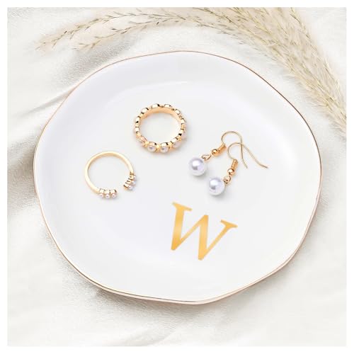 ProCase Ceramic Jewelry Tray, Initial Ring Dish Trinket Plate Engagement Gift, Small Personalized Monogram Ring Bowl for Wedding, White Decorative Jewelry Holder for Women Vanity -Letter W - style: W