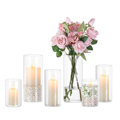 Hewory Hurricane Glass Candle Holders: 6 PCS Clear Hurricane Candle Holders for Pillar Candles Floating Candles, Glass Cylinder for Table Centerpieces Christmas Wedding Party Holiday Home Decor
