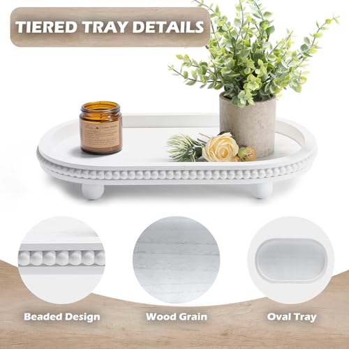 SYNCVIBE Wooden Decorative Tray for Home Decor, Beaded White Oval Tray Decor for Coffee Table, Rustic Wood Serving Trays Farmhouse Centerpieces for Living Room Kitchen Counter (White Oval) - color: White