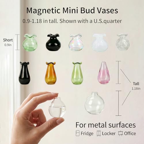 10-Pack Magnetic Mini Glass Vases Set with 30+ Flowers – Slam-Proof Strong Magnet for Fridge, Locker & Office Decor – Crystal Clear Bud Holders for Propagation for Women - color: Glass