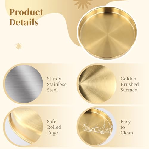 6 PCS Gold Tray Serving Platter, 9.8 Inches Round Gold Decorative Trays, Stainless Steel Coffee Table Tray, Vanity Jewelry Makeup Organizer, Countertop Tray for Bathrooms, Cafes, Restaurants