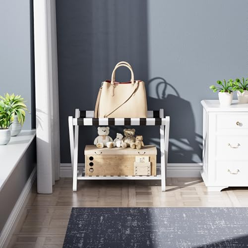 SMIBUY Luggage Rack, Foldable Bamboo Suitcase Stand with Storage Shelf for Guest Room, Bedroom, Hotel, Heavy-Duty, 1 Pack (White) - color: White