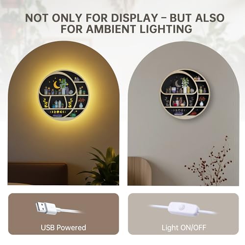 Circle Mushroom on The Moon Wall Shelf with LED Light, Wooden Trinket Knick Knack Shelf, Mushroom & Moon Decor Crystal Display Shelf for Rocks Gems Healing Stones, Cute Crystal Holder Organizer - color: Mushroom & Moon