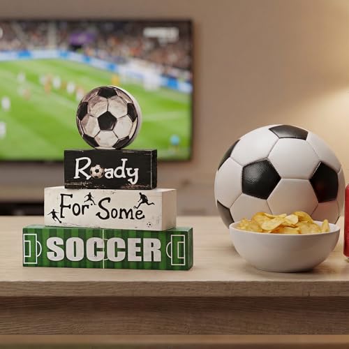 Smile Soccer Wooden Block Decor Set, 4-Piece Ready For Some Soccer Blocks & Soccer Ball Tiered Tray Tabletop Signs for Game Day & Sports Party Decorations - style: Goal