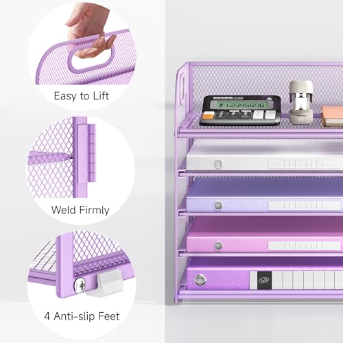 Lavatino Desk Letter Tray Paper Organizer, 5-Tier with Handle Metal Mesh Desktop File Organizer Paper Holder for Classroom Office Desk Accessories- Purple - color: 5 Tier - Purple, size: 12.6" x 9.1" x 11.5"