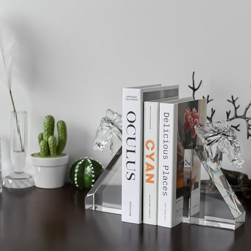 1 Pair Crystal Horse Head Bookends, Non-Skid Sturdy Book Ends, Home Office Decor, for Desktop Office Bookshelves,Book Ends for Shelves