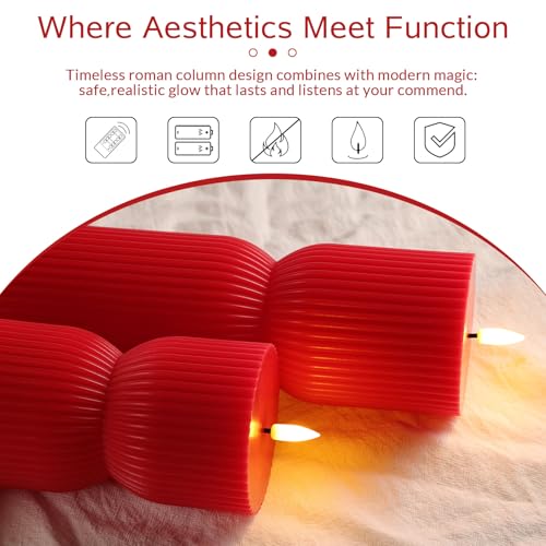 Red Ribbed Flameless Pillar Candles with Remote, Battery LED Wax Candles Flickering Valentines Day Decor Gift Set of 2 - color: Red