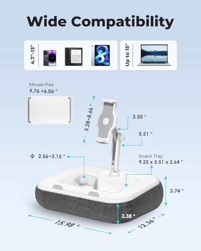 Viozon Kindle Pillow Stand Holder, Phone Holder for Bed, Laptop Lap Desk with Mouse Pad,Compatible with 4.7-13" Kindle/Tablet/Phone,10-15" Laptop, Snack Bowl&Cup Attachment&Detachable 360°Stand Arm - color: White/Grey