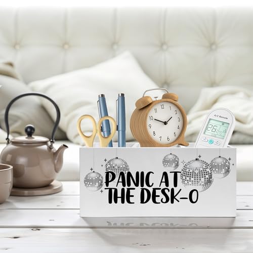 Funny Trendy Disco Ball Pencil Pen Holder for Desks, Panic at the Desk-O Mental Health Wooden Pencil Holder Organizer for Home Office Desk Accessories, Office Humor Gifts for Women - color: Color-Desk accessories white 04