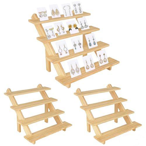 2 Pack 4 Tier Wooden Display Stand Riser Detachable Wood Earring Display Cupcake Stands Jewelry Display for Vendors with Groove or Jewelry Cupcake Vendors Retail