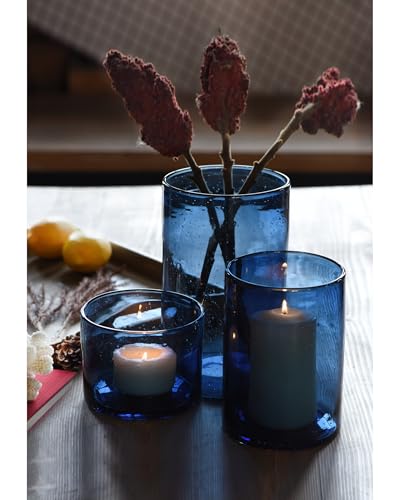 ARIAMOTION Glass Hurricane Candle Holders Bulk for Pillar Blue Seeded Bubbles Cylinder Table Centerpiece Modern Rustic Vases Home Decor 10" 7" 4" Set of 3 - color: Bubbles Blue, size: H10", H7", H4" Set of 3