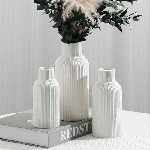 Bohemian White Ceramic Vase - for Pampas Grass, Mantel, Bookshelf, Entryway and Living Room Decor (White, Set of 3) - color: White, size: Set of 3