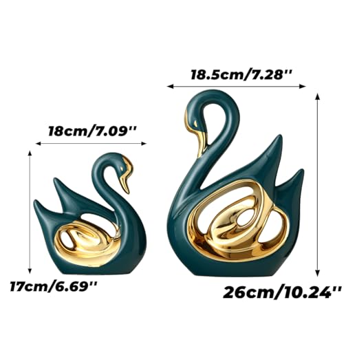 Ceramic Statue,2 Pieces Swan Sculpture Decor,Creative Ceramic Decorative,Crafts Ornaments Home Decor,Memorial Gift for Parents, Suitable for Shelf, Bookself, TV Stand Decor. - color: Green Gold Swan