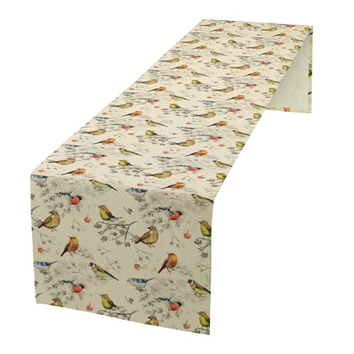 Retro Birds Floral Table Runner Colorful Cartoon Nature Birds Branches Printed Design Kitchen Dining Table Decoration for Home Party Decor Table Runners 13x36in - color: Beige-yellow, size: 13x36in