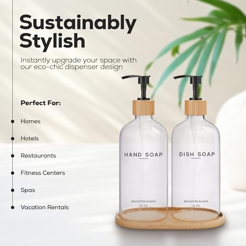Clear Glass Hand and Dish Soap Dispenser Set by Brighter Barns - Kitchen Soap Dispenser Set with Bamboo Tray - Modern Kitchen Decor, Minimalist Decor (Clear) - color: Clear Hd