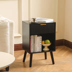 Fultyle Black Fluted Nightstand, Modern Bedside Table with Drawer and Opening Storage, End Side Table Living Room with Solid Wood Legs for Bedroom (Black) - color: Black