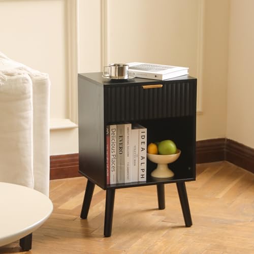 Fultyle Black Fluted Nightstand, Modern Bedside Table with Drawer and Opening Storage, End Side Table Living Room with Solid Wood Legs for Bedroom (Black) - color: Black