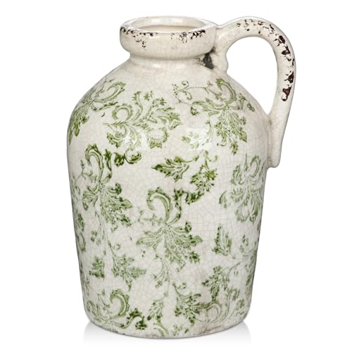 Ceramic Rustic Farmhouse Vase, 9 inch Ceramic Green and White Vase for Centerpieces Pampas Grass Pottery Jug with Handle Boho Chinoiserie Decor Vintage Vases for Living Room Kitchen Dinner Table Shelf - color: Light Green and White