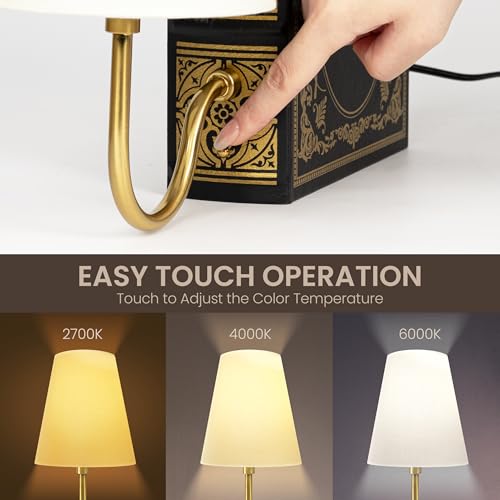 AELS Vintage Bookshelf Lamp with Bulb, Table Lamp with Linen Shade, 3-Color Dimmable Touch Control, Modern Farmhouse, Book Sconce for Office Home Bedroom Bookshelf, Tree of Life on Black & Gold - color: Tree of Life Black, size: Plug-in Model