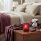 6 Pack Patented Sun Moon Star Embossed Glass Tea Light Candle Holders - Unique Votive Candle Holders for Wedding, Party, and Table Centerpieces (Wildberry Red) - color: Wildberry Red
