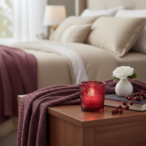 6 Pack Patented Sun Moon Star Embossed Glass Tea Light Candle Holders - Unique Votive Candle Holders for Wedding, Party, and Table Centerpieces (Wildberry Red) - color: Wildberry Red