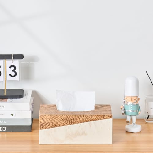 Rectangular Natural Travertine and Rustic Wood Textures Tissue Box Cover for Bathroom,Livingroom,Bedroom, Hand-Made Resin Wood Inlaid Travertine Tissue Box Holder,10 x 5.7 x 4.5 in - color: C-brown&beige