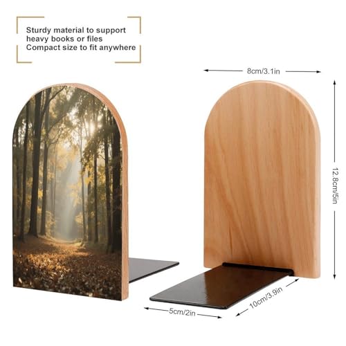 Personalized Wood Book Ends Metal Base Autumn Forest Path Printing Bookend Modern Heavy Duty Bookends for Home Or Office 1 Pair - color: Autumn Forest Path