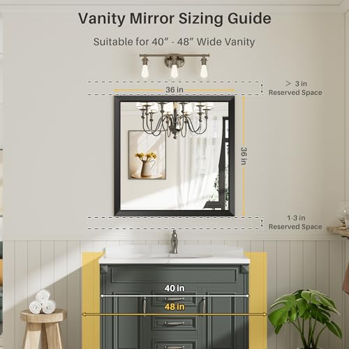 Briivue 36x36 Inch Black Bathroom Mirror for Wall, Thick Metal Framed Rectangle Mirrors for Over Sink, Bedroom, Living Room, Entryway, Anti-Rust, HD Tempered Glass - color: Black, size: 36"L x 36"W