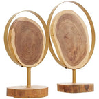 Deco 79 Wood Abstract Handmade Decorative Sculpture Live Edge Slab Home Decor Statues with Gold Metal Rings, Set of 2 Accent Figurines 14", 11"H, Brown - size: 14", 11"H