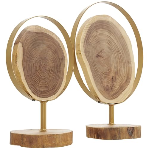 Deco 79 Wood Abstract Handmade Decorative Sculpture Live Edge Slab Home Decor Statues with Gold Metal Rings, Set of 2 Accent Figurines 14", 11"H, Brown - size: 14", 11"H