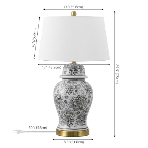 JONATHAN Y 29.5" Gray/White Ceramic Table Lamp for Living Room and Office, White Linen Drum Shade, Traditional Chinoiserie Ginger Jar Lamp, LED Bulb Included (JYL3008B) - color: Gray/White