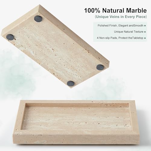 Natural Small Travertine Vanity Tray, Luxury Stone Organizer for Bathroom & Kitchen | Holds Soap Dispenser, Jewelry, Perfume | Non-Resin, Non-Ceramic Décor - color: Travertine, size: 7.9" x 4.3" x 0.8"