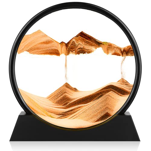 Herecanli Moving Sand Art Picture - 3D Quicksand Painting Decor - Round Glass 3D Deep Sea Sandscape - Relaxing Decoration for Home,Office,Desk,Mantle,Bookshelf,Room- (Yellow, 12 in) - color: Yellow, size: 12"