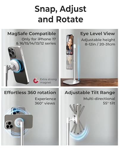 COOPER MagStand, Adjustable Magnetic iPhone Stand for Desk & Phone Holder for Video Recording, Compatible with MagSafe, Stand for iPhone 17 Pro Max, 16/15/14/13/12, Small Mag Safe Tripod (White) - color: Frost White