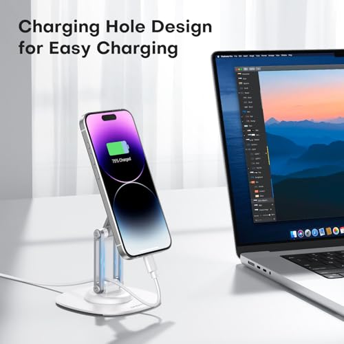 OMOTON 360°Rotating Magnetic Phone Stand for Desk, Adjustable Foldable Aluminum for MagSafe Cell Phone Stand Holder with Non-Slip Base, for iPhone 17/16/15/14 Pro Max Air/MagSafe Case, White - color: White