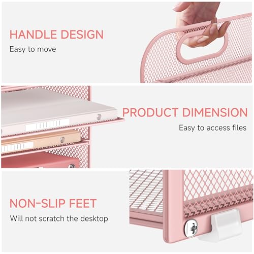 4-Tier Paper Organizer for Desk With Handle, Mesh Desktop File Tray, Office Classroom Organization and Storage - Pink - color: 4 Tier - Pink