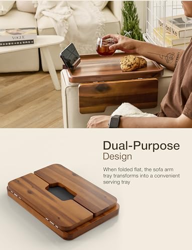 HOLANA 15.75" Acacia Couch Armrest Table with 360° Rotating Phone Holder, Wooden Couch Tray – Sofa Side Table, Armchair Caddy for Home Sofa Living Room (Acacia) - color: Acacia, size: 15.8" x 11" x 2"