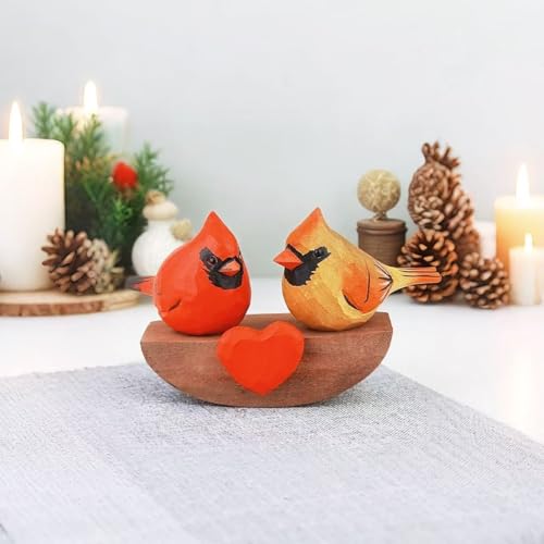 Handmade Wooden Cardinal Figurines on Heart Base - Set of 3 Hand-Carved Male & Female Red Bird Statues - Romantic Couples Gift for Anniversary, Valentine's Day, Wedding & Home Decor Accents - color: Red&yellow